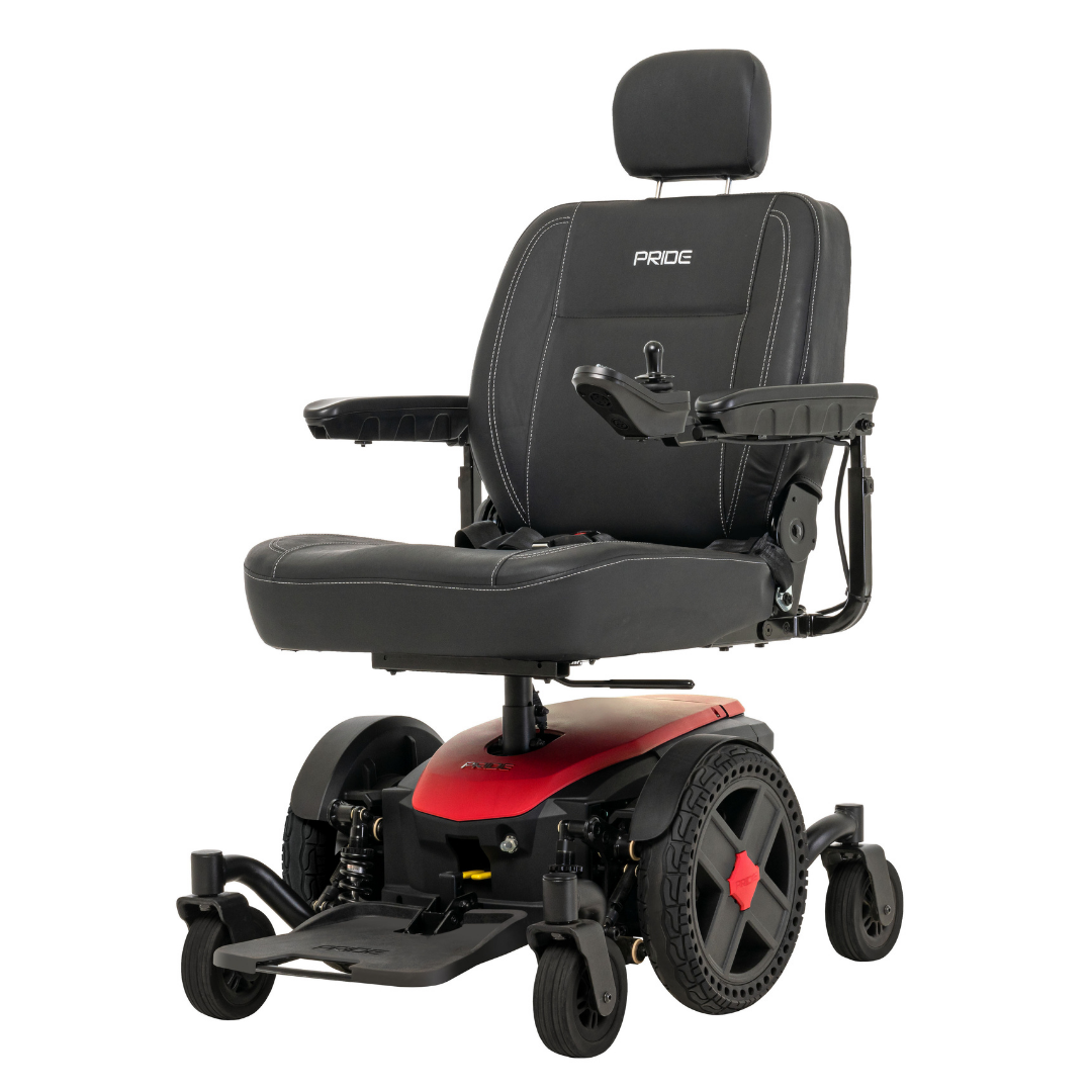 The Pride Mobility Jazzy® EVO 614 HD Bariatric Powerchair with ATX Suspension is a black-and-red heavy-duty powerchair featuring a padded seat, armrests, headrest, right-arm joystick, large rear wheels, and small front caster wheels.